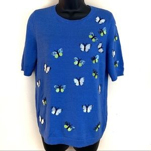 Talbots bright blue sequin butterfly shirt